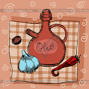 Olive oil garlic seasoning and pepper - vector clipart