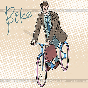 Businessman on Bicycle retro style pop art - vector image