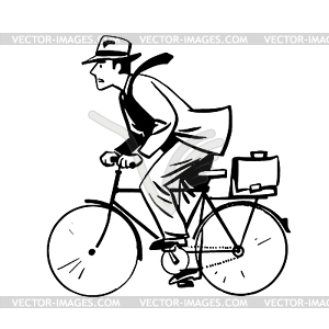 Businessman quickly rides Bicycle line art retro - vector clipart