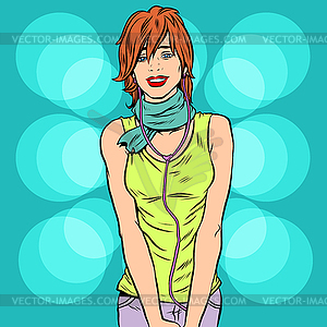 Beautiful modern girl with headphones audio - vector image