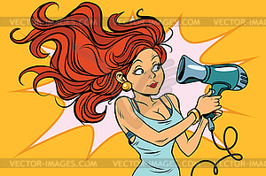 Redhead comics woman dries hair dryer - vector clipart