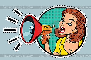 Comic woman agitator shouts into megaphone - vector image