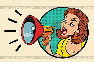 Comic woman agitator shouts into megaphone - vector image