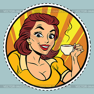 Comic молодая красивая женщина, пить кофе - цветной векторный клипарт