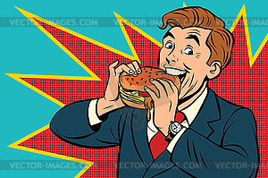 Pop art man eating Burger - vector clip art