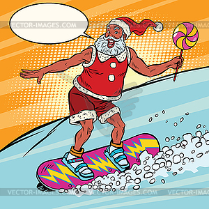 Modern Santa Claus rides on snowboard - vector clipart