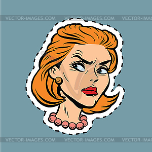 Angry girl face Emoji sticker label - vector image