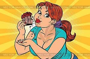 Diet concept woman eating cupcake - vector clipart