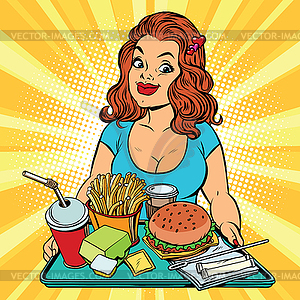 Lifestyle young woman and fast food lunch in - vector image