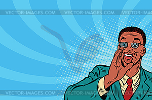 Pop art promo businessman in glasses - vector image