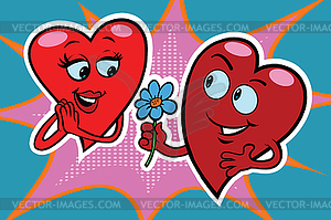 Male character gives woman flowers, red hearts - vector image