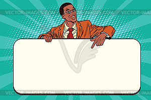 Smiling businessmen presenting empty board - vector image