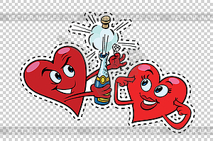 Red hearts Valentines open champagne - vector clipart