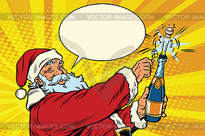 Santa Claus opens bottle of champagne - vector clipart