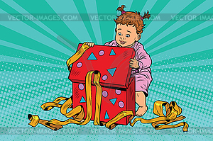Поп-арт девушка открывает подарочной коробке - изображение в векторном виде