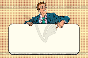 Smiling businessmen presenting empty board - vector image