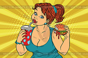 Young woman drinking Cola and eating Burger - vector image