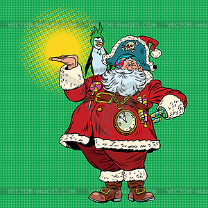 Santa Claus pirate and penguin presentation gesture - vector clipart