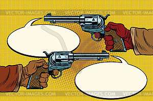 Duel in wild West, hands with revolvers - vector clipart