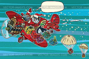 Santa Claus on vintage planes dropped Christmas - vector image