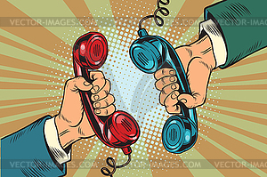 Retro dialogue on phone two handsets - vector image