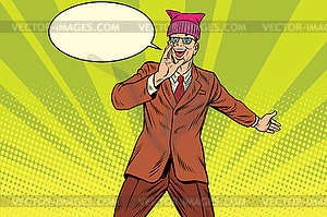 Politician man in pussyhat campaigning - vector EPS clipart