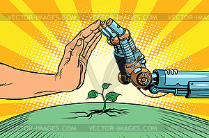 Humans and robots protect nature - vector image