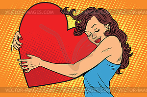 Beautiful young woman hugging Valentine heart - vector clip art