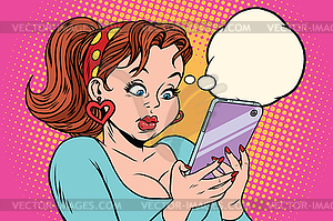 Young woman reading message on mobile - vector image