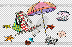 Beach set tourism and leisure on sea isolate - vector image