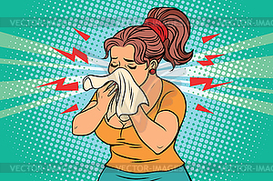 Woman is sick, runny nose and handkerchief - vector image