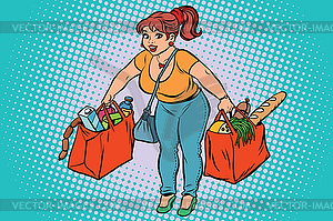Young woman with grocery shopping - vector clip art