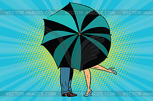 Man and woman kissing behind umbrella - color vector clipart