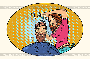 Woman hairdresser cuts bearded hipster - vector clipart