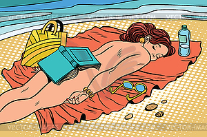 Naked woman sunbathing on beach - vector clipart