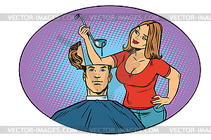 Wife husband prepares soup in his head - vector clipart