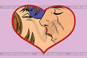 Man and woman kissing, love heart - vector image