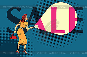 Woman shining flashlight at inscription sale - vector image