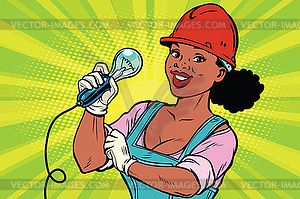 Construction worker with light bulb. Woman - vector clipart