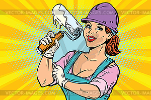 Construction worker with roller for paint. Woman - vector image