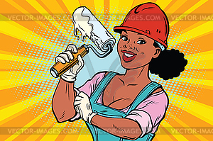 Construction worker with roller for paint. Woman - vector clipart