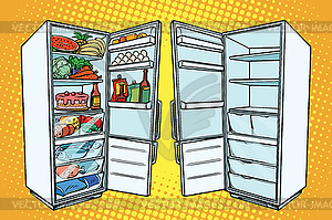 Two refrigerators. One with food and other empty - vector clip art