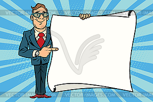 Joyful businessman showing on mockup copy space - vector clip art