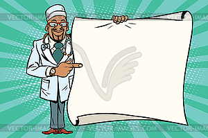 African doctor shows on copy space background - vector clipart
