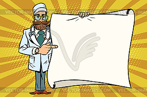Hipster doctor shows at mockup copy space poster - royalty-free vector image
