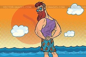 Bearded hipster is resting on sea - vector image