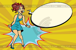 Pop art retro woman shouts with joy, positive - vector image