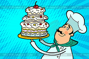 Chef cook character with cherry cake - vector image