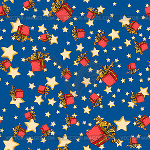 Seamless background with red gift box and stars - vector clip art