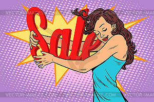 Woman hugging sales, love to shopping - vector clip art